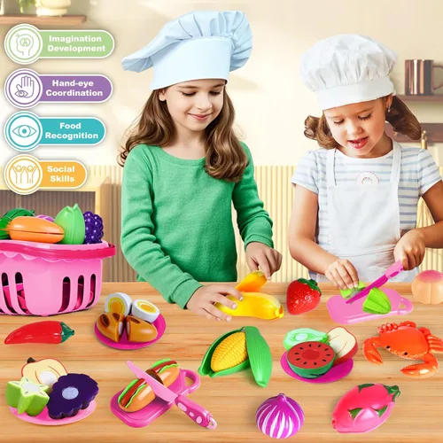 Miniatura 6 de Juego de 100 piezas de comida para niños, juguete de comida de simulación para niños pequeños, accesorios de juguetes de cocina con 2 cestas, corte