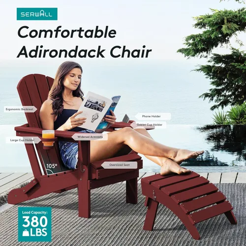 Miniatura 6 de SERWALL Silla Adirondack con portavasos – Juego de 2 sillas Adirondack compuestas para exteriores de polietileno de alta densidad para todo