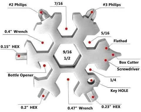 Miniatura 2 de Sakerplus Multiherramienta de copo de nieve 18 en 1, multiherramienta compacta de acero inoxidable para uso diario, aventuras al aire libre
