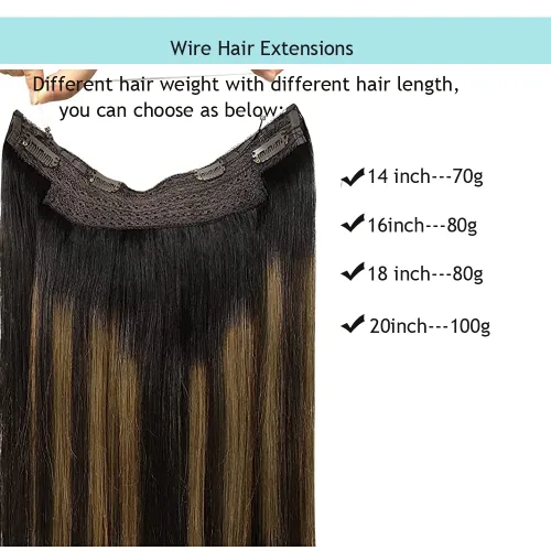 Miniatura 2 de Extensiones de cabello con alambre negro, extensiones de cabello balayage, extensiones de cabello con alambre de cabello humano, 14 pulgadas 70 g