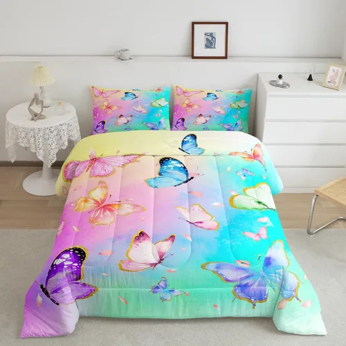 Erosebridal Juego de ropa de cama con diseño de mariposas en acuarela, decoración de habitación de niñas, color verde azulado, rosa, mariposa, Multi