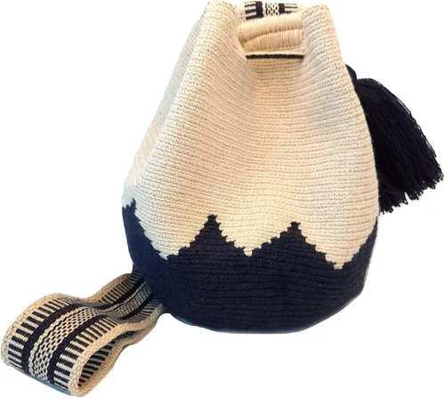 Miniatura 4 de Wayuu - Mochila para mujer, bolso de ganchillo, bolsas bohemias colombianas, hecha a mano con borlas grandes y bonitas, Azul y beige-mediano, M