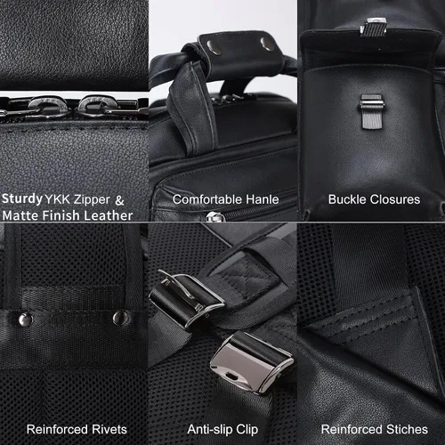 Miniatura 9 de Masa Kawa Mochila de cuero negro para hombre 15.6 pulgadas, bolsa para computadora portátil, múltiples bolsillos, casual, trabajo, negocios, viajes
