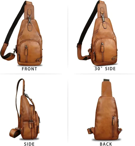 Miniatura 4 de IVTG Bolso bandolera de cuero genuino para hombres y mujeres, mochila vintage para el pecho, bolso cruzado para viajes y ciclismo, Marrón, Mediana