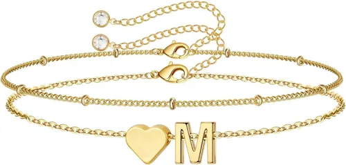 Miniatura 11 de M MOOHAM Pulseras de oro con inicial de corazón para mujer, pulseras con dije de letra A-Z de corazón dorado en capas para mujer, pulseras