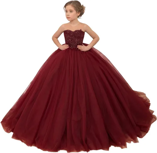 Miniatura 9 de Precioso vestido de niña de flores de tul para niños de boda con cuentas princesa sin mangas vestidos de baile