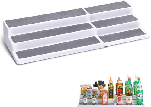 CiWiVOKi Organizador de especias expandible de 3 niveles, estante de especias de plástico, longitud ajustable de 14.6 a 25.8 pulgadas, organizador
