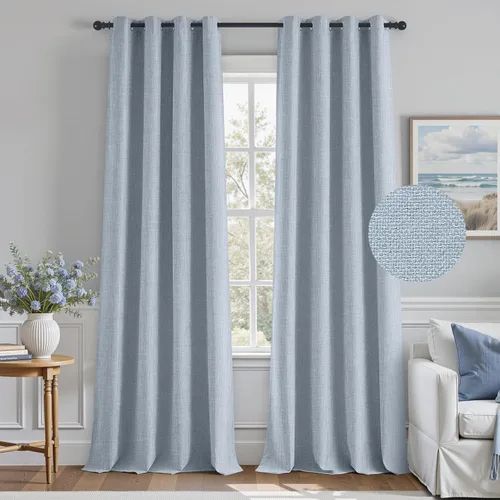HOMEIDEAS Cortinas 100% opacas de color azul bebé de 63 pulgadas de largo, lino sintético con textura natural, cortinas de oscurecimiento de