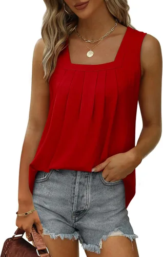 Miniatura 112 de Saloogoe - Camisetas sin mangas veraniegas para mujeres, plisadas con cuello cuadrado y dobladillo curvado, blusas de ajuste holgado con movimiento