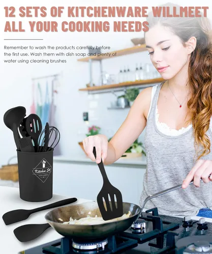 Miniatura 7 de Pranski Juego de utensilios de cocina, 12 piezas, utensilios de cocina de silicona, aptos para lavavajillas, 392 °F, resistente al calor, juego