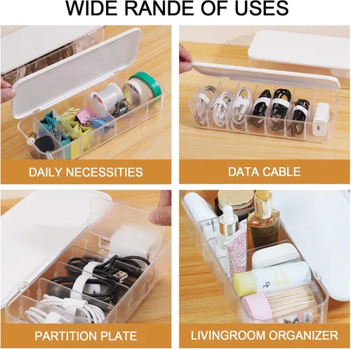 Miniatura 5 de Caja organizadora de cables con 14 bridas de alambre y 6 clips magnéticos para cables, caja de gestión de cables de escritorio con divisores y tapa