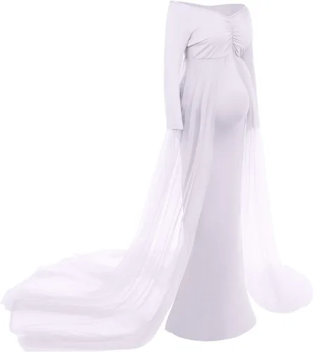 Miniatura 3 de Vestido de maternidad maxi de manga larga con hombros descubiertos para mujer, vestido de fotografía de tul para boda estilo sirena para sesión