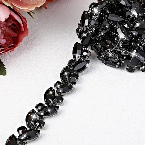 Miniatura 8 de BBTO Adorno de cadena de diamantes de imitación, adorno de cristal para boda, disfraz de novia, cadena de hojas de flores, costura, adornos
