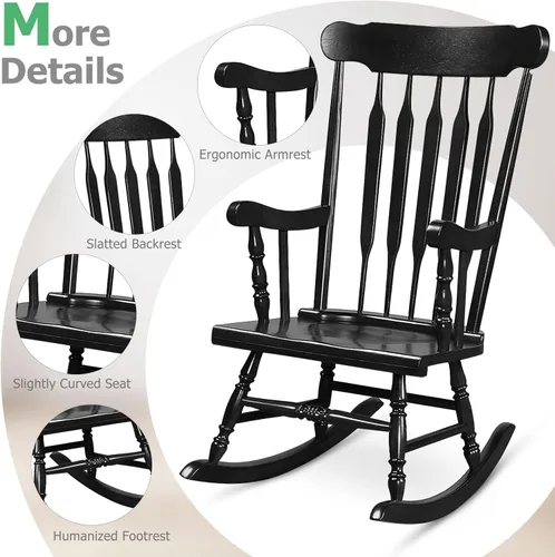 Miniatura 6 de Tangkula Silla mecedora de patio de madera de goma sólida, silla mecedora de porche exterior con marco de madera de goma, silla mecedora de madera