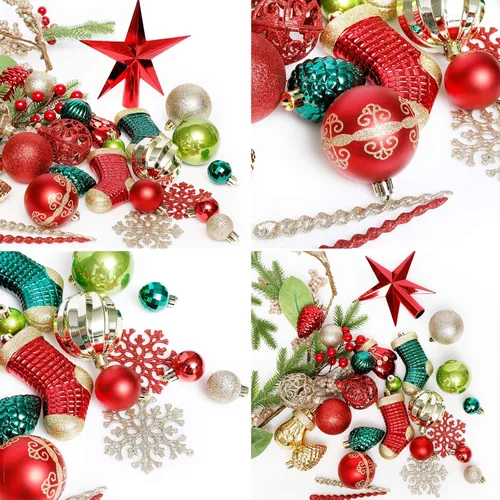Miniatura 4 de ROSELEAF Juego de 132 piezas de decoración para árbol de Navidad, adornos colgantes inastillables en rojo, verde y dorado, estilo de arte popular