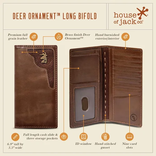 Miniatura 3 de HoJ Co. - Cartera larga plegable para hombre Cartera de Rodeo Cuero de grano completo Regalo de cazador de ciervos Adorno de ciervo de latón
