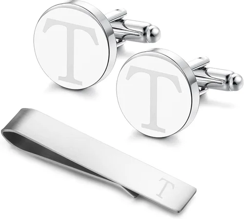 Miniatura 47 de LOYALLOOK - Gemelos de acero inoxidable grabados con inicial y clip de corbata, diseño de letras del alfabeto con caja de regalo, A-Z