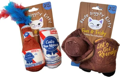 Haute Diggity Kitty Gatos Cinta Azul + Conjunto de Gatito Vaquero, Juguetes de Felpa para Gatos Rellenos de Hierba Gatera con Sonido Crujiente