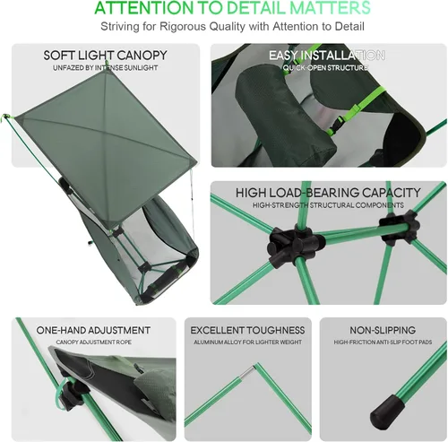 Miniatura 7 de Silla de camping plegable con toldo parasol para exteriores, silla de playa ligera y portátil para adultos, sillas de campamento con soporte trasero