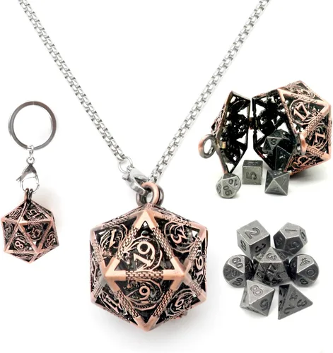 Miniatura 16 de Haxtec Mini Juego de Dados de Metal DND con Estuche de Cuello Hueco Juego de Dados de Metal Pequeños Antiguos Juego de Llaveros D&D Portátil Juego