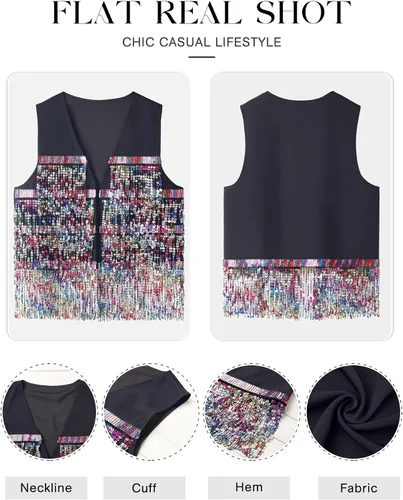 Miniatura 2 de ZXZY Chaleco sin mangas con flecos de lentejuelas para mujer, chaqueta ajustada y ligera