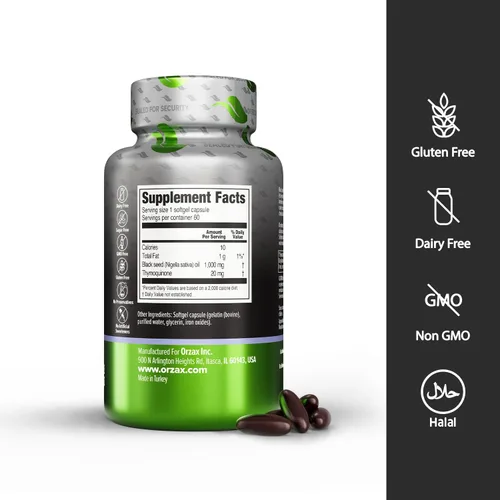 Miniatura 2 de ORZAX Cápsulas orgánicas prensadas en frío de 1000 mg de aceite de semilla negra con 20 mg de timoquinona para apoyo inmunológico, buen cabello