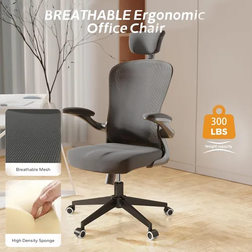 Silla de oficina ergonómica con función de inclinación, reposacabezas ajustable con brazos abatibles, cojín para soporte lumbar y ruedas