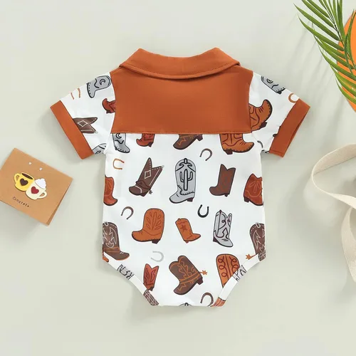 Miniatura 3 de Mameluco de manga corta con solapa y estampado de botas para recién nacidos, estilo polo, estilo casual, ropa de verano