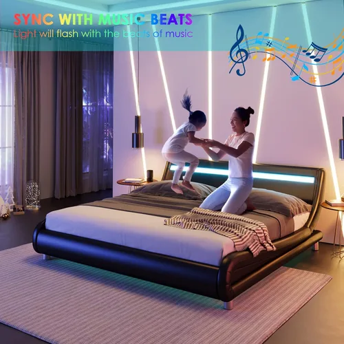 Miniatura 5 de Keyluv Marco de cama LED tapizado tamaño completo con cabecero, moderna plataforma de perfil bajo con fuerte soporte de listones, marco de cama