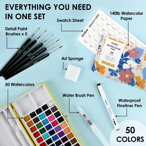 Miniatura 2 de Grabie Juego de Pintura de Acuarela Todo en Uno Premium de 50 Colores - Pincel de Pintura de Detalle Incluido, Pinturas de Acuarela, Juegos de 50