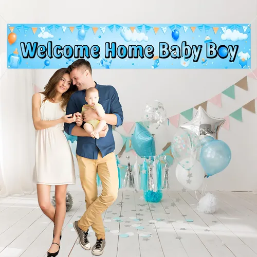 Miniatura 5 de Labakita Cartel de bienvenida a casa para bebé niño, pancarta grande para baby shower, decoración azul para baby shower, revelación de género