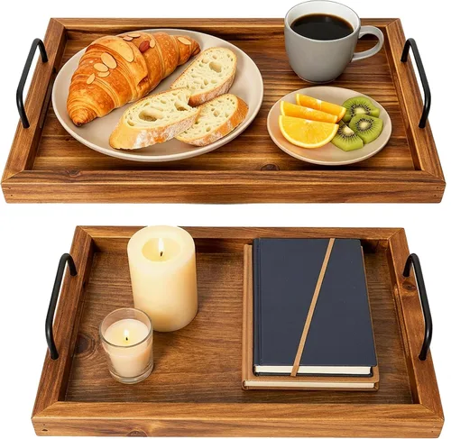 Miniatura 9 de Besti - Juego de 2 bandejas rústicas vintage para servir comida Tabla de madera anidable con asas de metal Elegantes platos de servir de Rústico