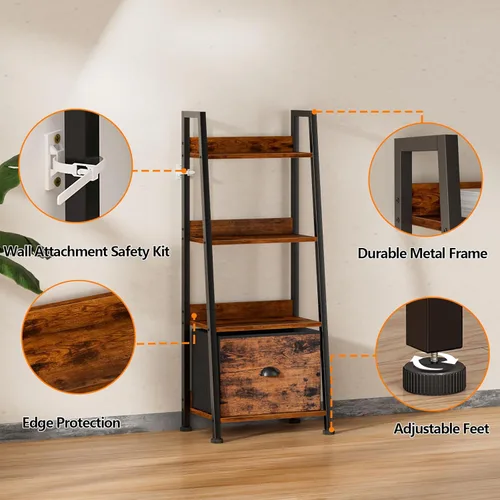 Miniatura 8 de Furologee estantería de escalera de 4 niveles, estantería tipo escalera con cajón extraíble, organizador de estantes de almacenamiento tipo Marrón
