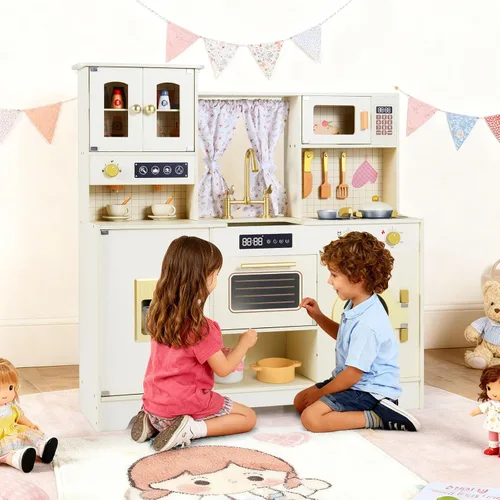 Miniatura 9 de Costzon Cocina de Juego para Niños, Set de Juego de Cocina de Juguete de Madera con Máquina de Hielo, Cafetera, Lavadora, Cortina, Microondas