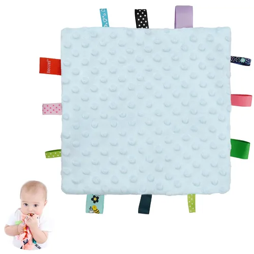 HECCEI Baby Tags - Mantas de seguridad – Manta de felpa calmante para bebé con etiquetas coloridas, juguetes sensoriales cuadrados, 10 x 10 Azul