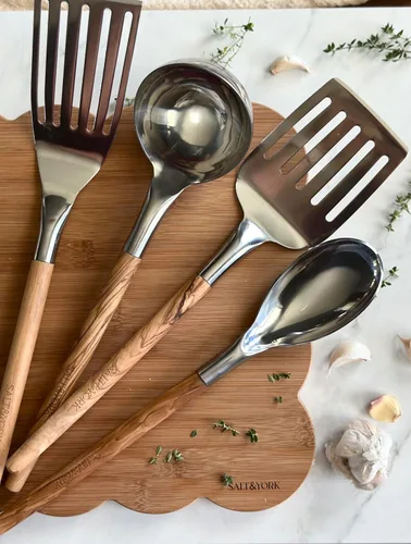 Miniatura 3 de Salt & York Juego de utensilios de cocina, herramientas de cocina de acero inoxidable con asas de madera de olivo hechas a mano, 2 espátulas