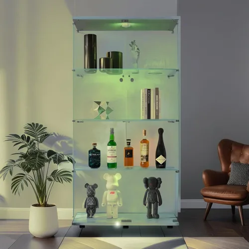 Miniatura 19 de Vitrina de cristal con luces LED y cerradura, vitrina Curio de 4 niveles con puerta de cristal, estantería de pie para sala de estar, dormitorio
