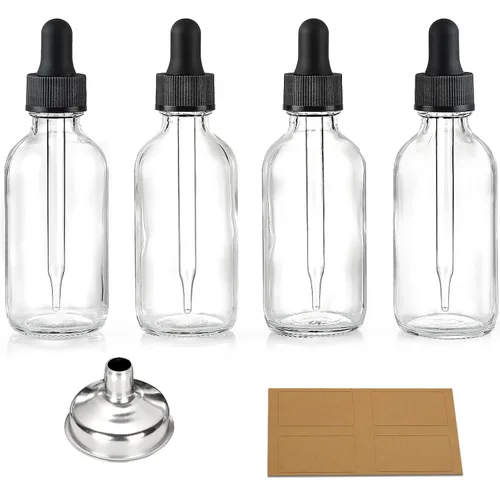 4 piezas, botellas cuentagotas transparentes de 2 oz con 1 embudo de acero inoxidable y 4 etiquetas - Tapones negros, botellas de vidrio grueso de