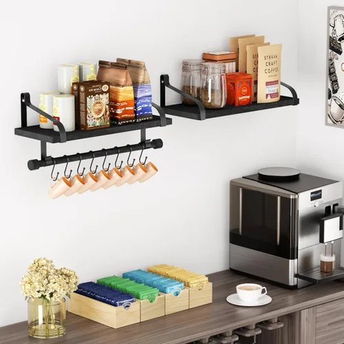 Miniatura 2 de Love-KANKEI Estantes flotantes para barra de café, estantes de baño con toallero, estantes de pared con 8 ganchos para cocina, juego de 2 estantes