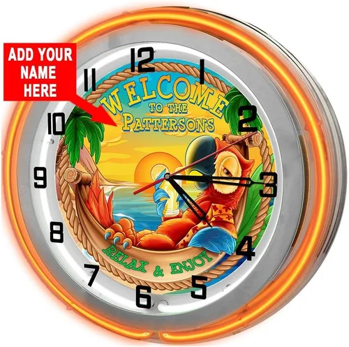 Miniatura 5 de Reloj de garaje personalizado Tiki Parrot Beach Bar de 18 pulgadas, color azul, doble neón, de Redeye Laserworks