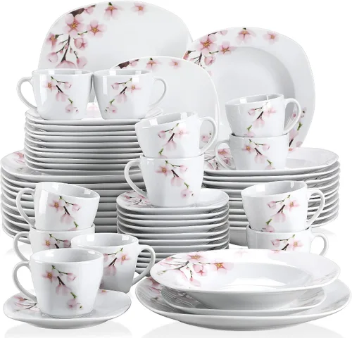 Miniatura 9 de VEWEET, Serie Fiona - Juego de vajilla de 30 piezas para 6 personas, blancos con rayas negras y grises, vajilla de porcelana de platos de postre