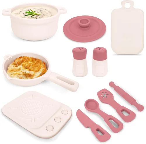 TYRY.HU 11 piezas de juguetes de cocina para niños sin BPA, juegos de comida de silicona, juguetes de cocina con ollas y sartenes, juguetes de Rosa