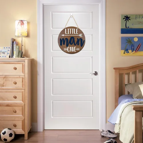 Miniatura 2 de Letrero redondo de madera con diseño de cueva de Little Man para puerta de niño pequeño, cuarto de bebé, arte de pared, madera natural, dormitorio