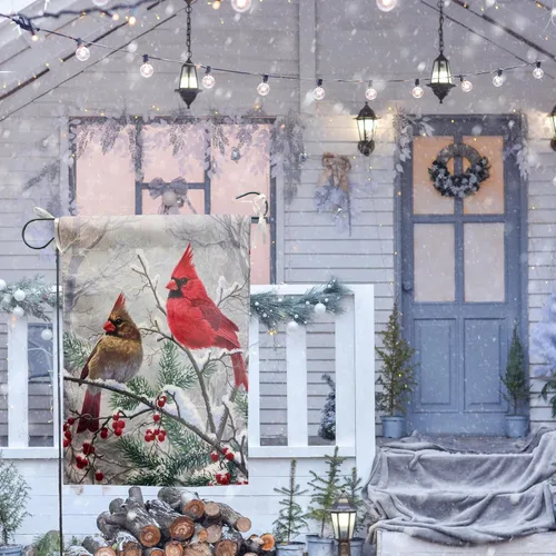 Miniatura 6 de Banderas de jardín de cardenal rojo de invierno para Navidad, para exteriores, 12x18, doble cara, pájaros rojos en la rama de un árbol, bandera