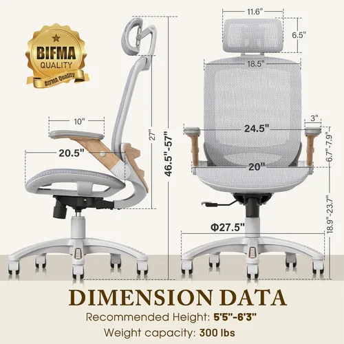 Miniatura 3 de GABRYLLY Silla de oficina ergonómica, Silla de escritorio de casa de respaldo alto con brazos abatibles, reposacabezas, inclinación de 90-120°