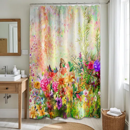 Miniatura 81 de Cortina de ducha floral para primavera y verano, flores silvestres, flores y mariposas, decoración de baño, tela impermeable con ganchos, 70