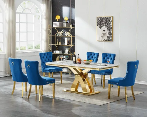 Miniatura 21 de Moderno juego de mesa de comedor de mármol para 4, juego de mesa de comedor de lujo para 4, mesa de comedor de mármol sintético de 68 pulgadas