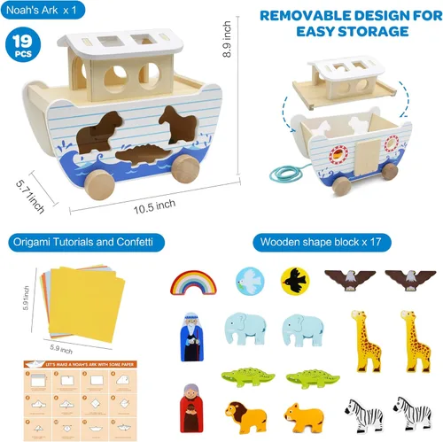 Miniatura 7 de bpmfkid Juego de juguetes de madera del Arca de Noé, juguetes educativos de animales de madera para niños pequeños, juguetes educativos