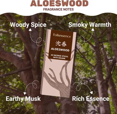 Miniatura 3 de Folkulture Varillas de incienso japoneses Paquete de 60 inciensos de madera de aloe premium Sin carbón, sin humo negro Aroma amaderado