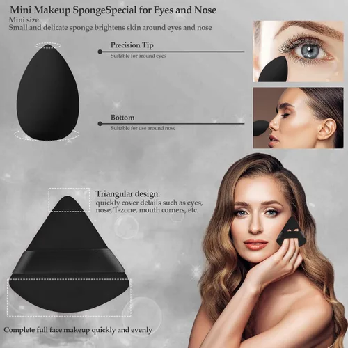 Miniatura 5 de Juego de 14 esponjas de maquillaje, mezclador de esponjas de belleza con 4 borlas de polvo y 4 mini esponjas de maquillaje para líquido, base, Negro